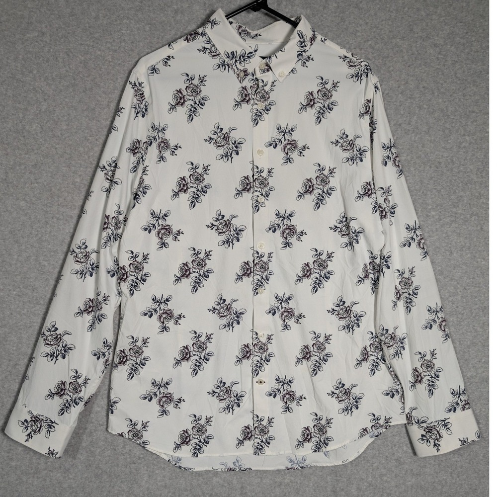 Express Performance Extra Slim Fit Shirt Mens Large White Floral Rose Stretch
